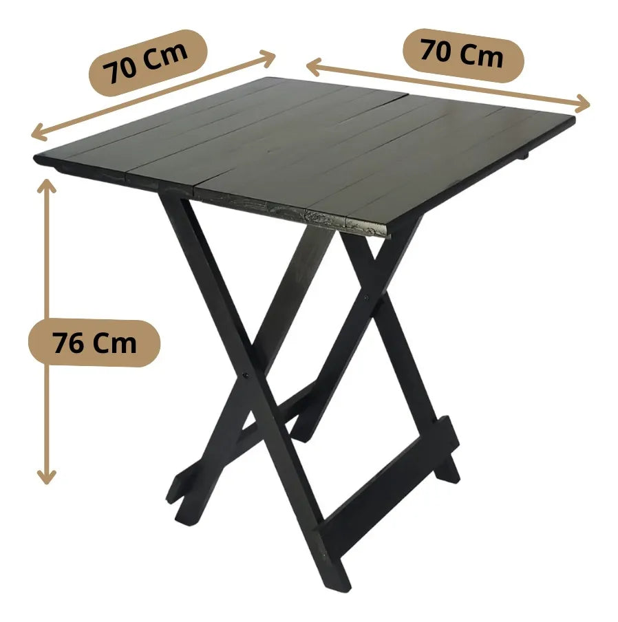 Conjunto Mesa Dobrável 70x70 Madeira Maciça, 4 Cadeiras - Cor: Preta
