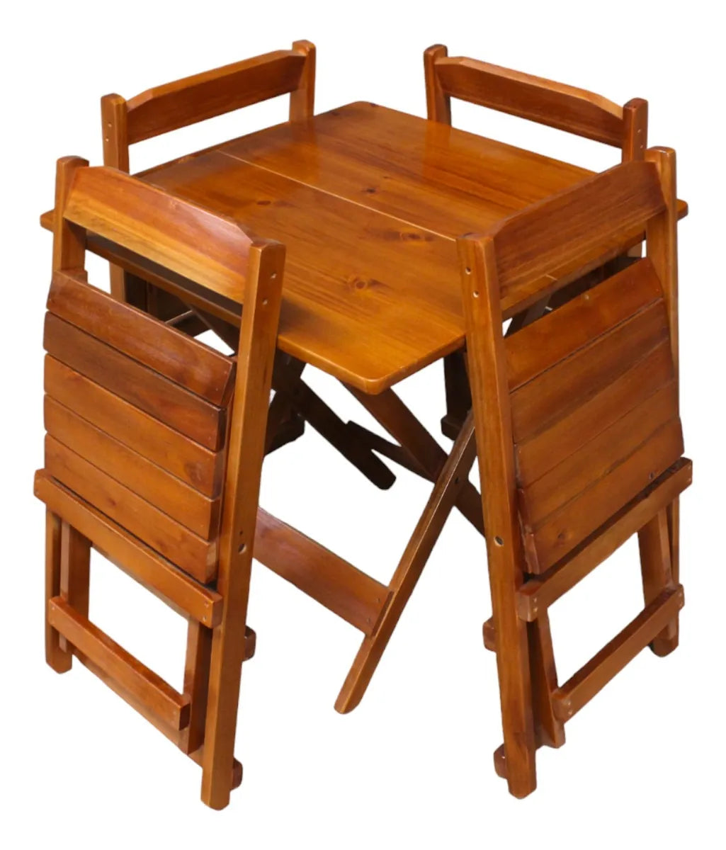 Conjunto Dobrável Mesa 70x70 Madeira Maciça, 4 Cadeiras - Cor: MEL