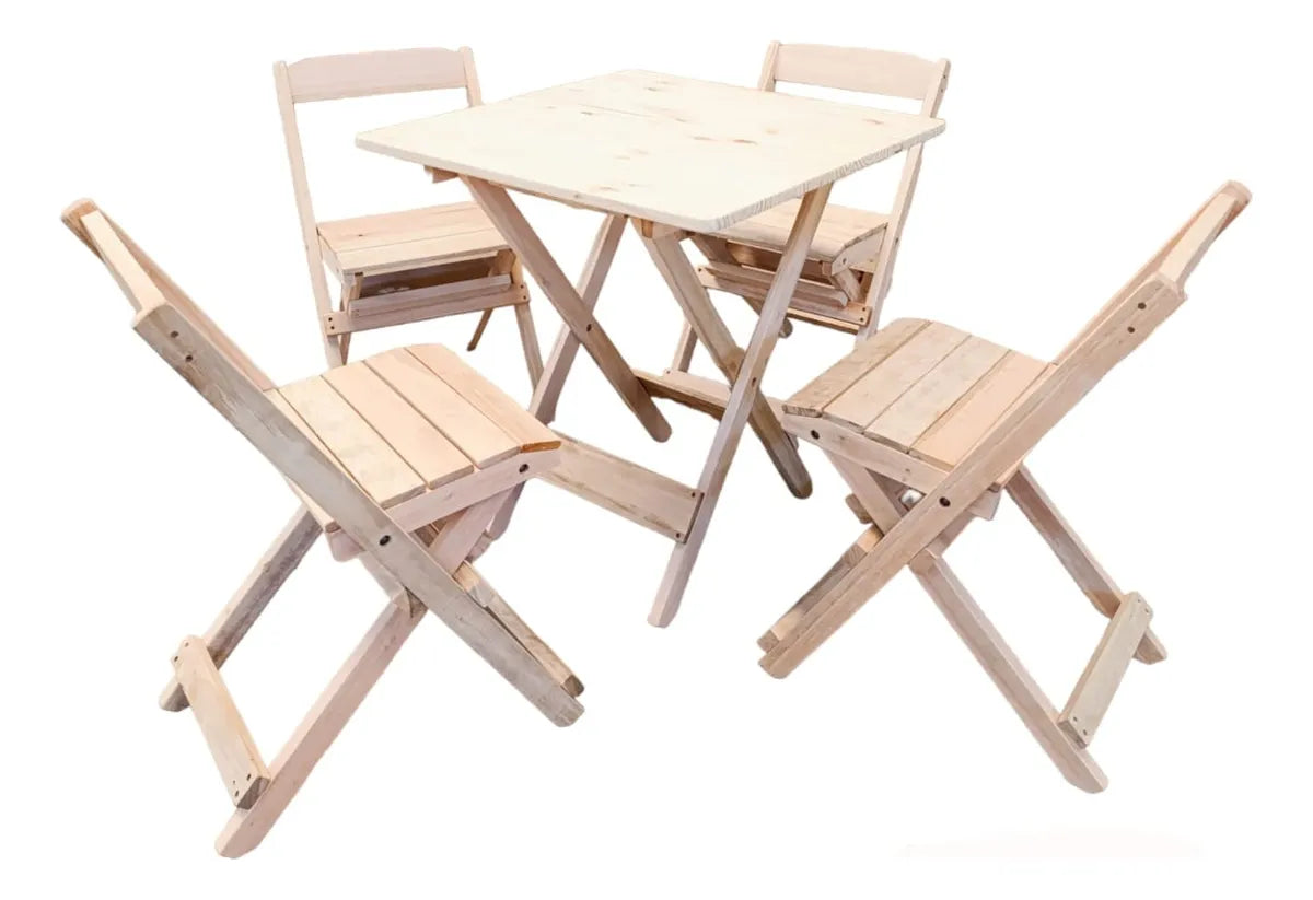 Conjunto Mesa Dobrável 70x70 de Madeira, 4 Cadeira - Cor: CRUA Natural