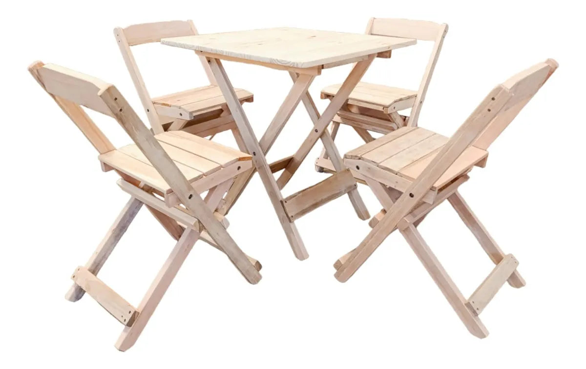 Conjunto Mesa Dobrável 70x70 de Madeira, 4 Cadeira - Cor: CRUA Natural