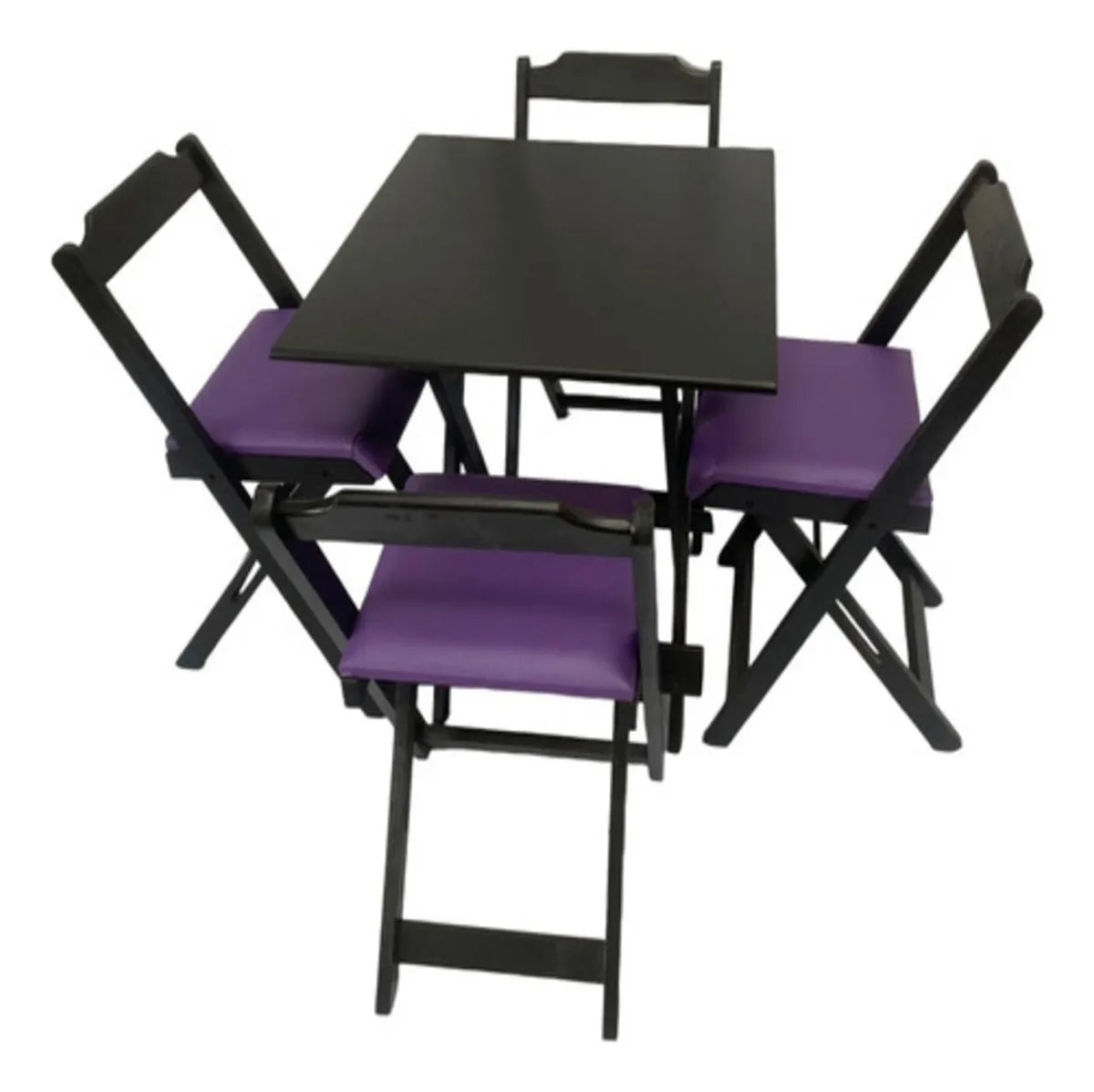 Conjunto Mesa Dobrável Madeira MAciça 70x70, 4 Cadeiras Estofadas - Cor: Preto/Roxo