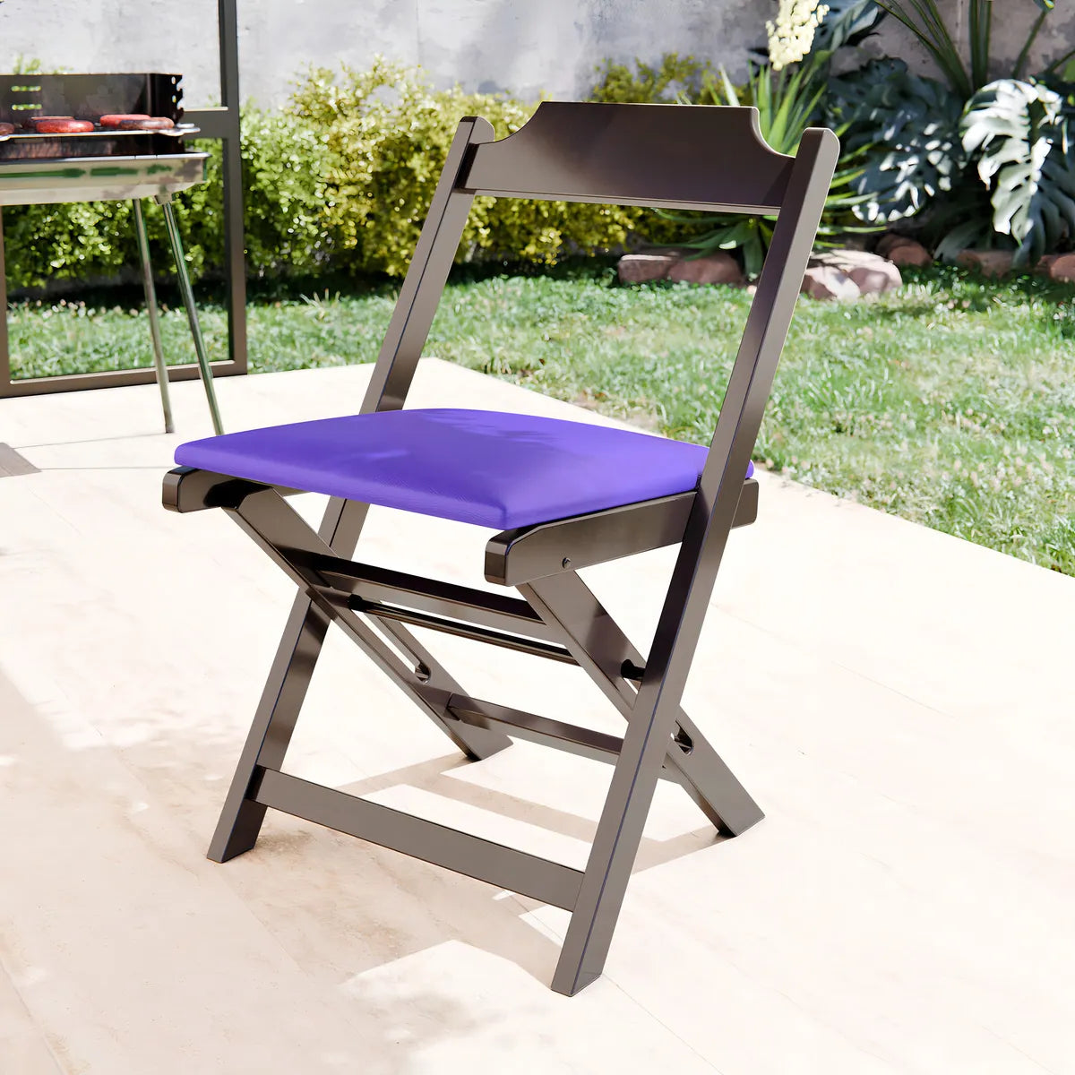 Conjunto Mesa Dobrável Madeira MAciça 70x70, 4 Cadeiras Estofadas - Cor: Preto/Roxo