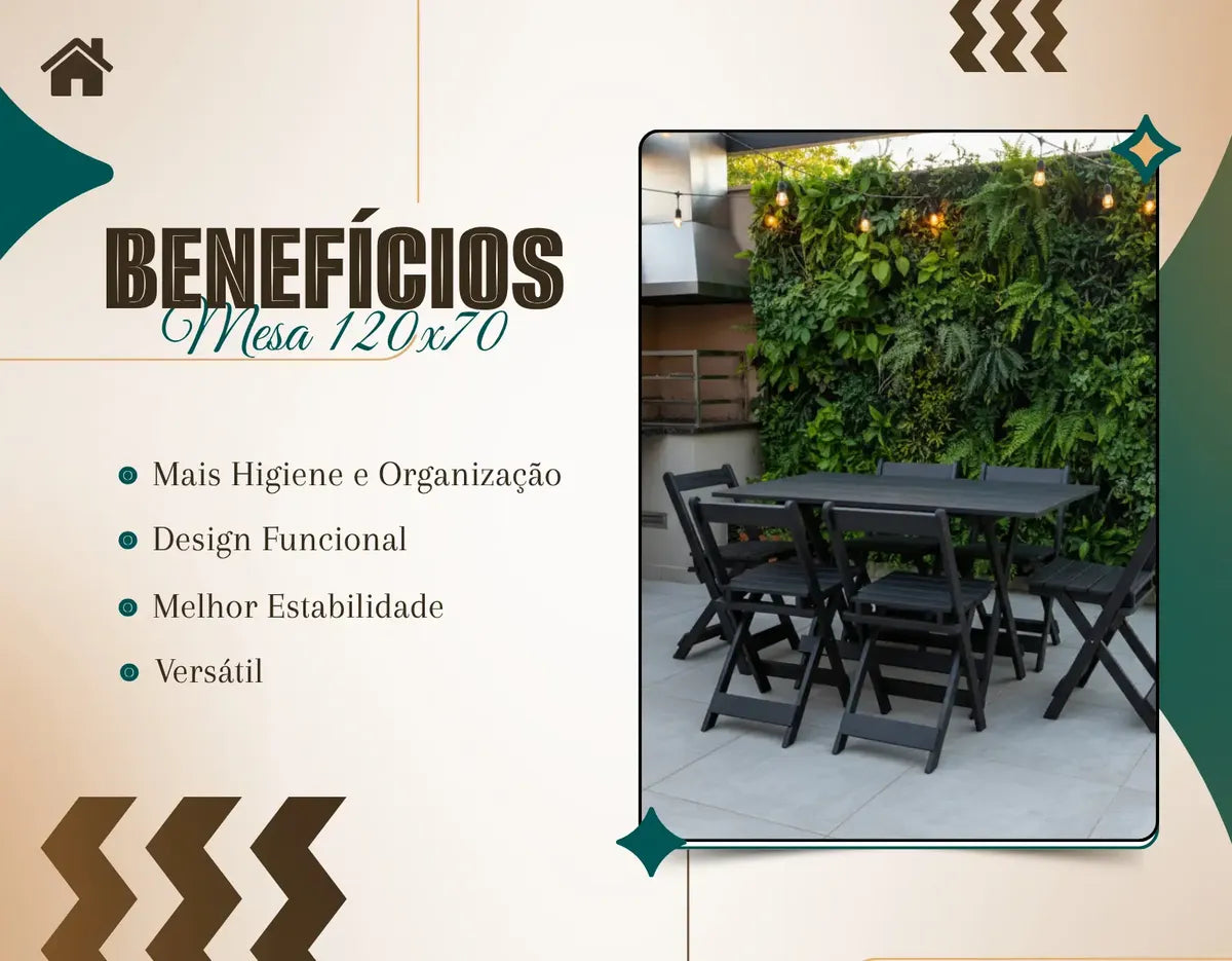 Jogo Mesa 120x70 Dobrável C/6 Cadeiras Madeira Maciça - Cor: PRETA
