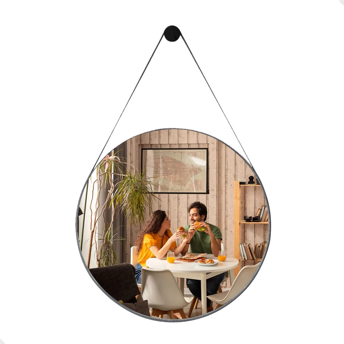 Espelho Adnet Escritório Alça Em Couro 60cm C/ Suporte Pino