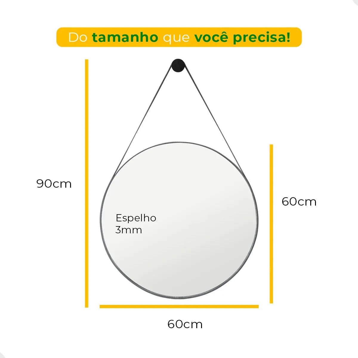 Espelho Adnet Escritório Alça Em Couro 60cm C/ Suporte Pino