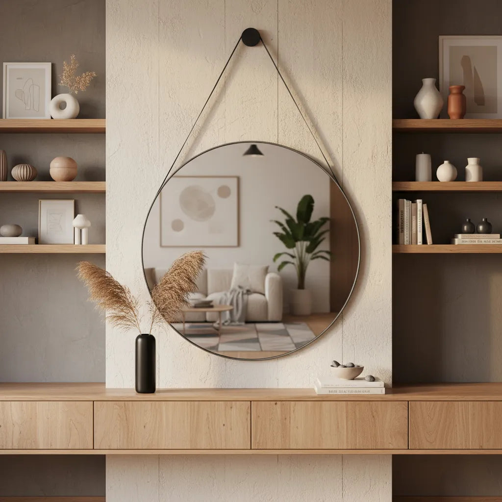 Espelho Adnet Escritório Alça Em Couro 60cm C/ Suporte Pino