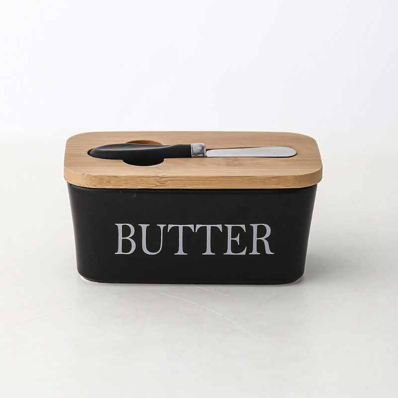 Porta Manteiga de Cerâmica com Tampa de Bambu