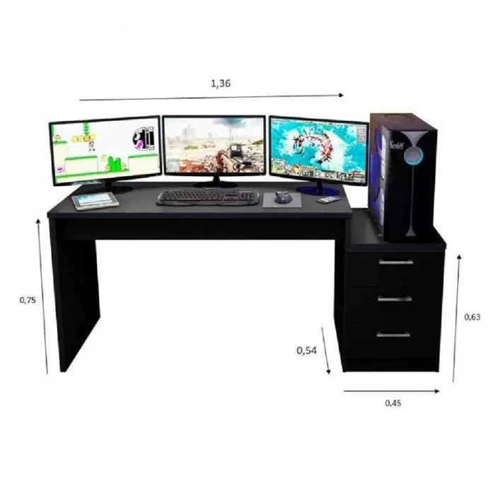 Mesa Gamer Escrivaninha 3 Gavetas Preto