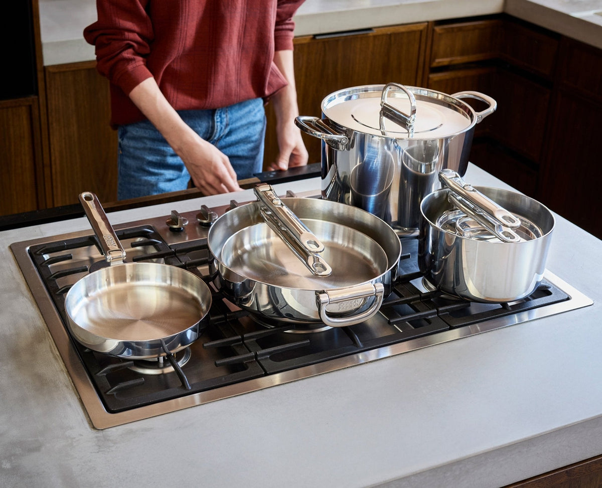 Space Steel MasterSet™ 6 Peças – Conjunto de Panelas em Aço Inox com Cabos Dobráveis