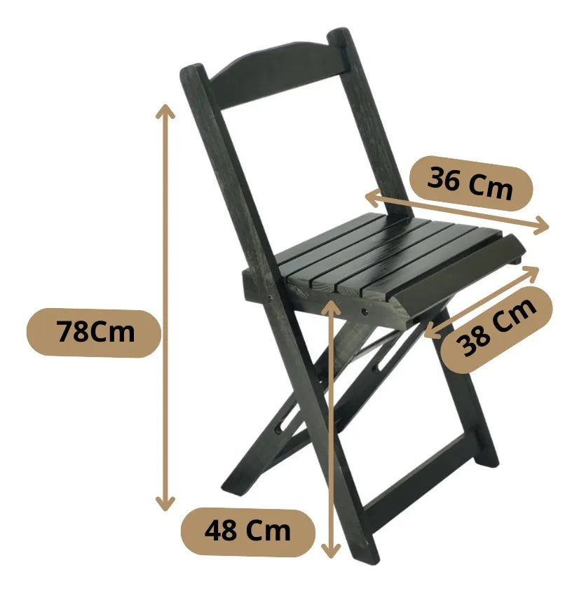 Conjunto Mesa Dobrável 70x70 Madeira Maciça, 4 Cadeiras - Cor: Preta