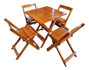 Conjunto Dobrável Mesa 70x70 Madeira Maciça, 4 Cadeiras - Cor: MEL
