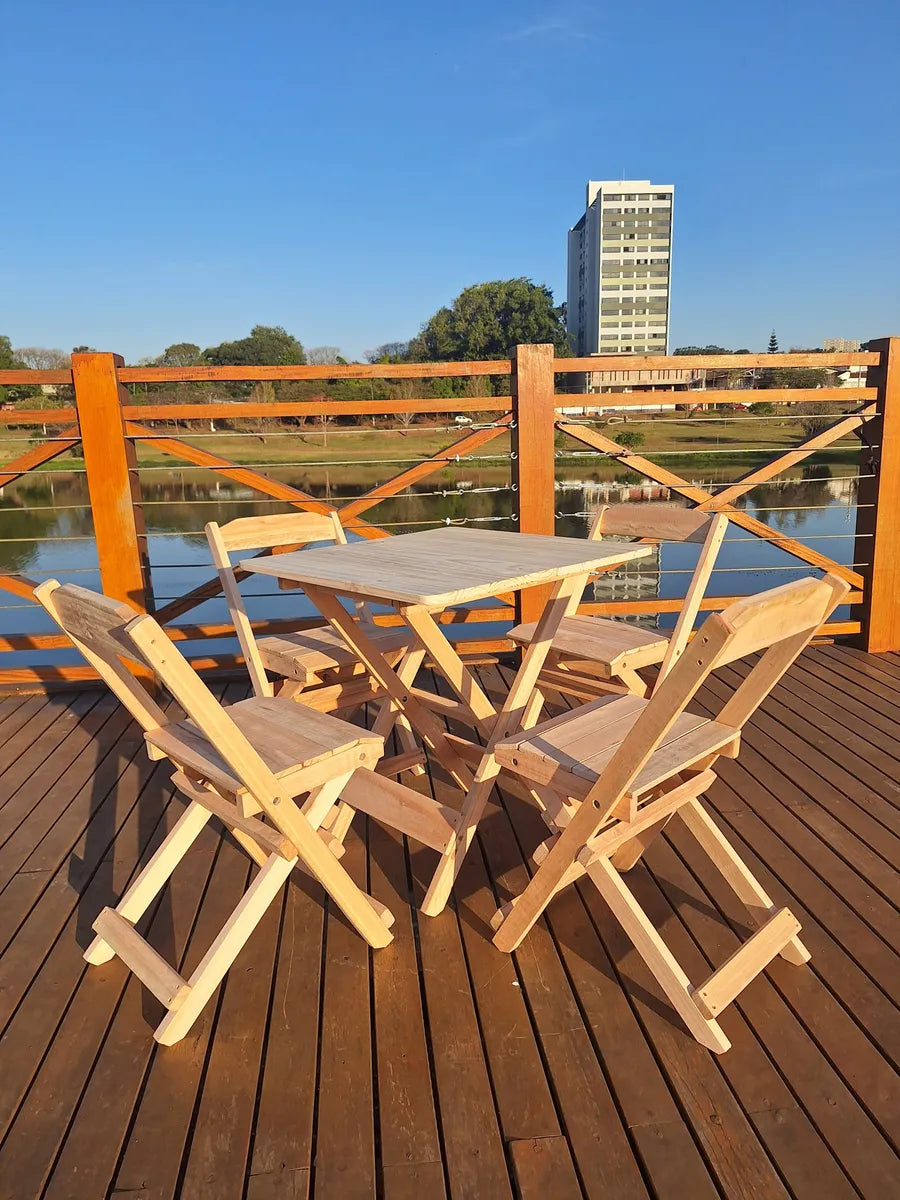 Conjunto Mesa Dobrável 70x70 de Madeira, 4 Cadeira - Cor: CRUA Natural