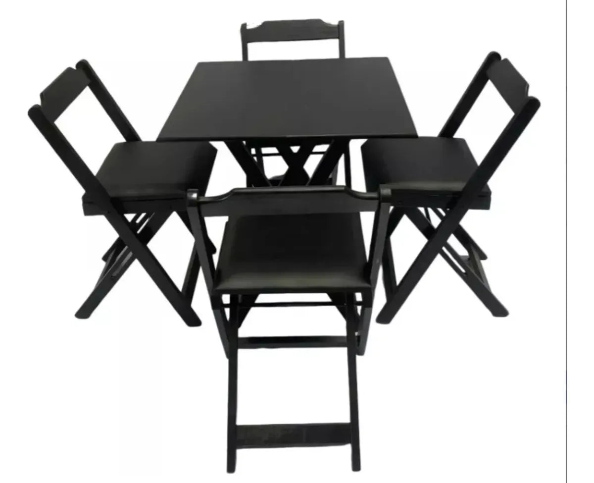 Conjunto Mesa Dobrável 70x70 Madeira Maciça, 4 Cadeiras Estofadas Preta - Cor: PRETO