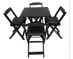 Conjunto Mesa Dobrável 70x70 Madeira Maciça, 4 Cadeiras Estofadas Preta - Cor: PRETO