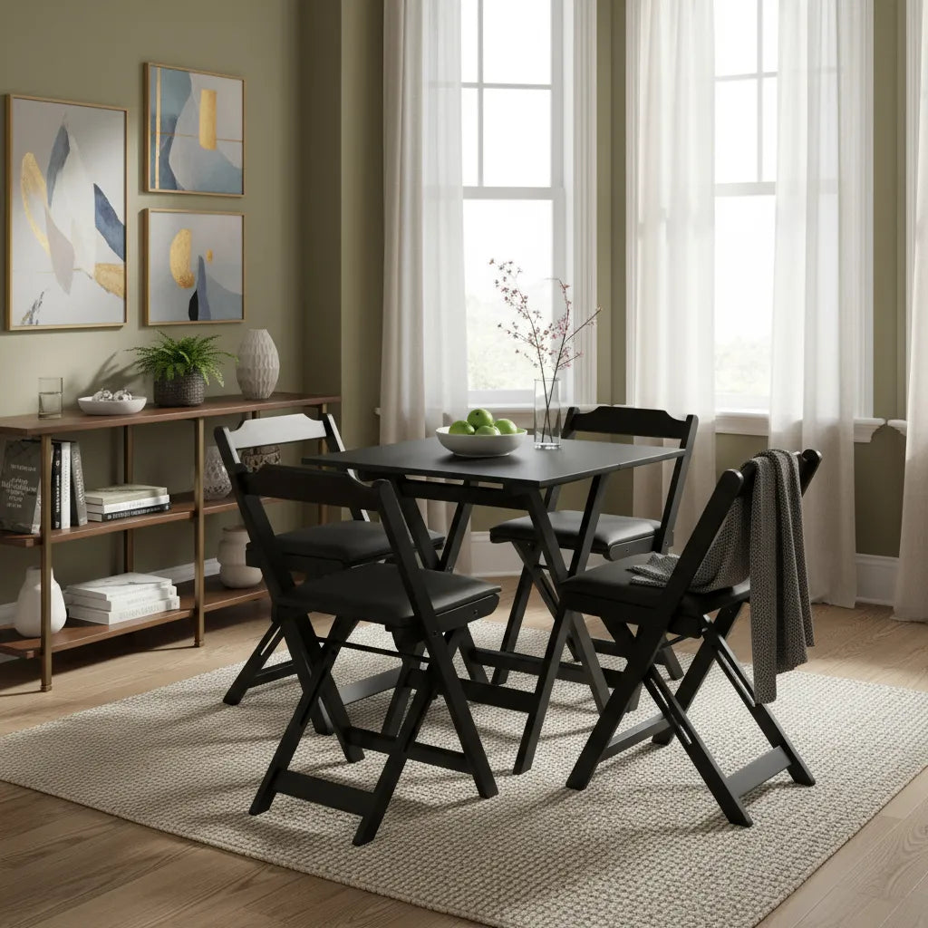 Conjunto Mesa Dobrável 70x70 Madeira Maciça, 4 Cadeiras Estofadas Preta - Cor: PRETO