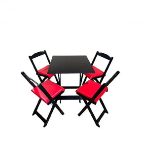 Conjunto Mesa Dobrável 70x70, 4 Cadeiras Preto Estofado - VERMELHO