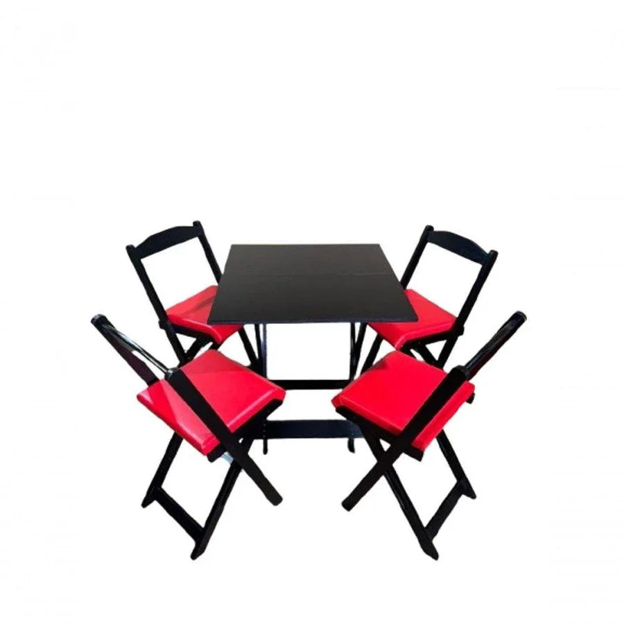 Conjunto Mesa Dobrável 70x70, 4 Cadeiras Preto Estofado - VERMELHO