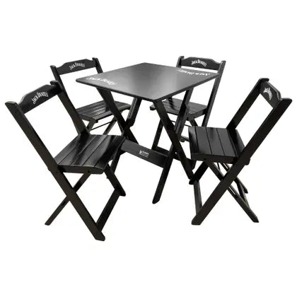 Conjunto Mesa Dobrável Madeira Maciça 70x70 com 4 Cadeiras - Personalizada Jack Daniels - Preta