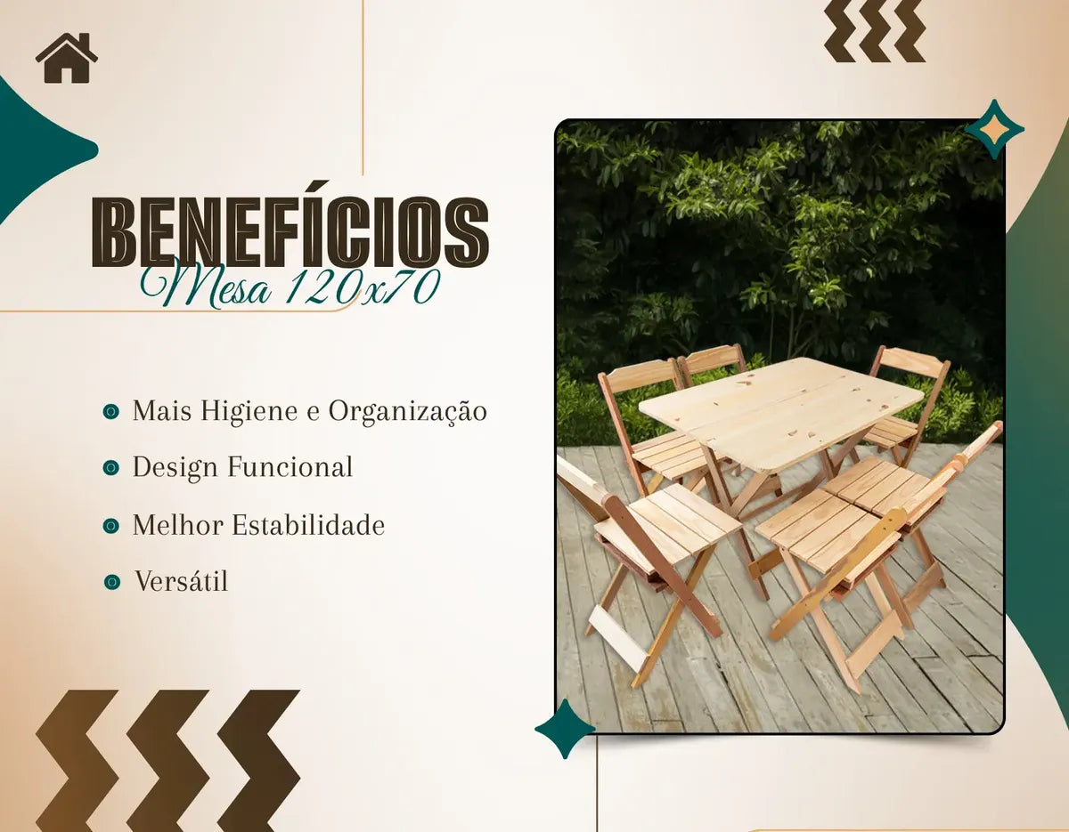 Jogo Mesa 120x70 Dobrável C/6 Cadeiras Madeira Maciça - Cor: NATURAL