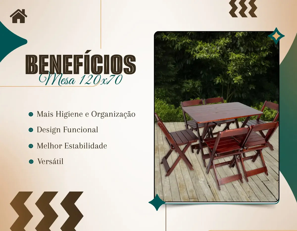 Jogo Mesa 120x70 Dobrável C/6 Cadeiras Madeira Maciça - Cor: IMBUIA