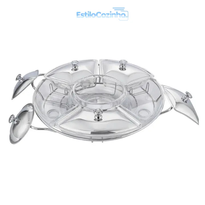 Rechaud Giratório Com 6 Compartimentos Aço Inox E Vidro 52cm + kit 100 velas para Rechaud