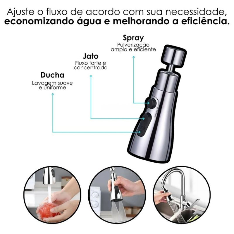 Bico de Torneira Universal 360º com 3 Modos de Água