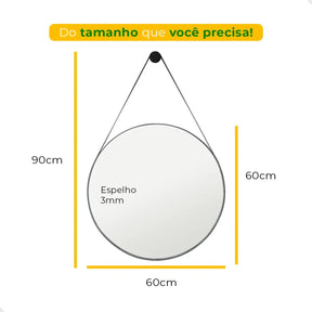 Espelho Adnet Escritório Alça Em Couro 60cm C/ Suporte Pino