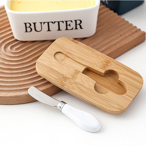 Porta Manteiga de Cerâmica com Tampa de Bambu