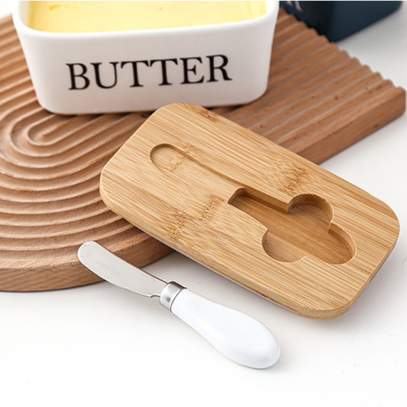 Porta Manteiga de Cerâmica com Tampa de Bambu